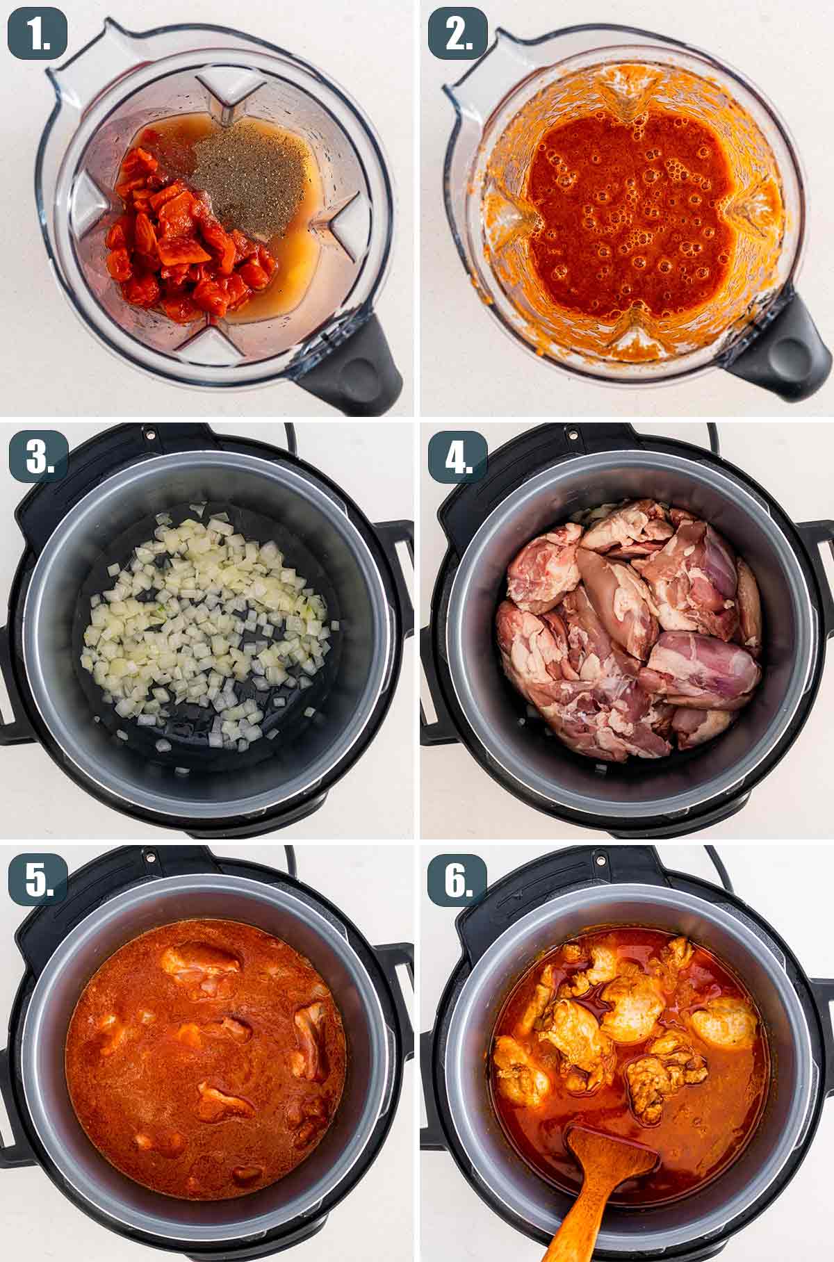 process shots showing how to make chicken tinga in the instant pot.