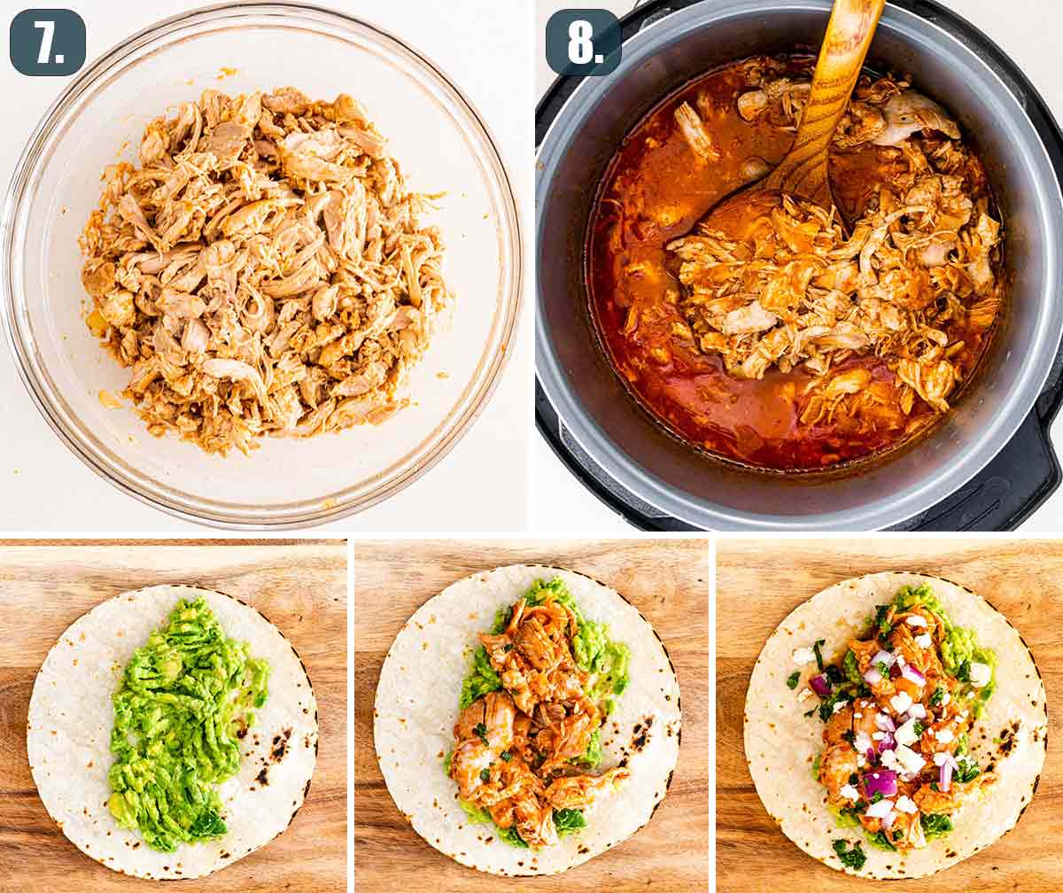 process shots showing how to assemble chicken tinga tacos.