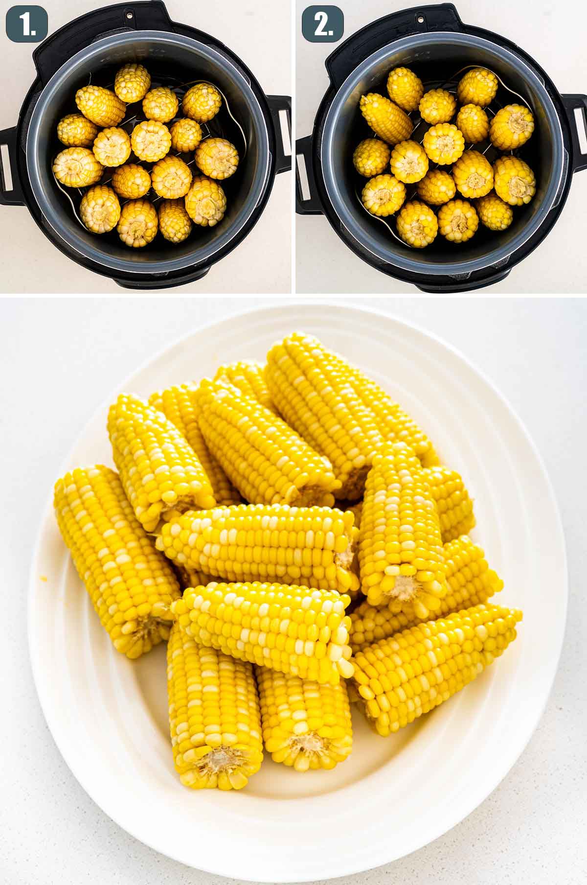process shots showing how to make corn on the cob in the instant pot.