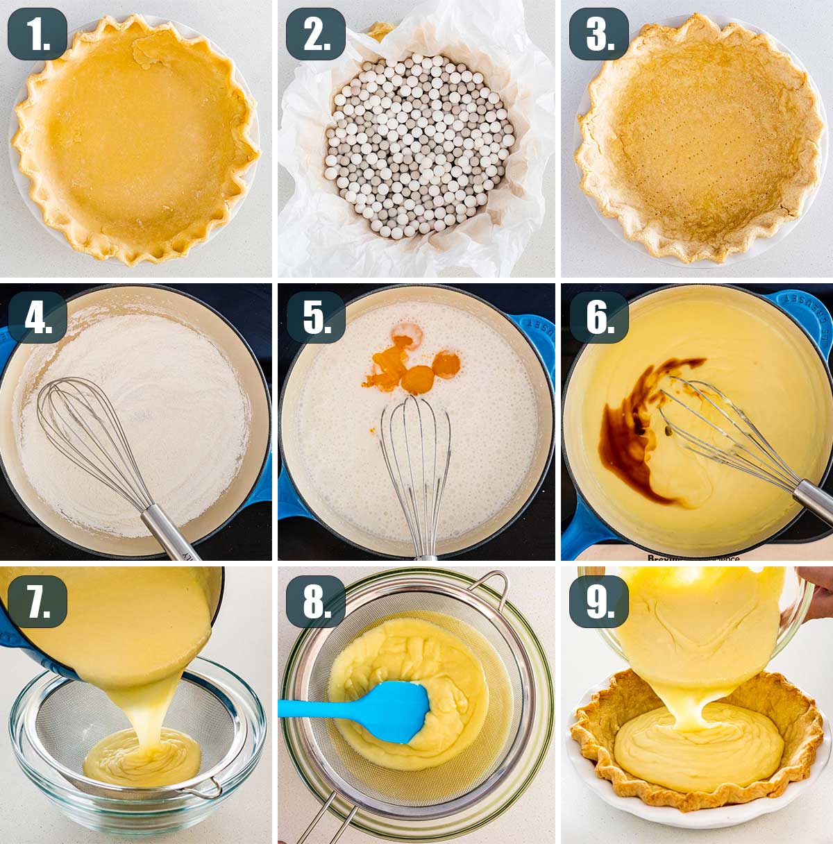 detailed process shots showing how to make coconut cream pie.