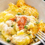 a serving of fish pie in a white bowl.
