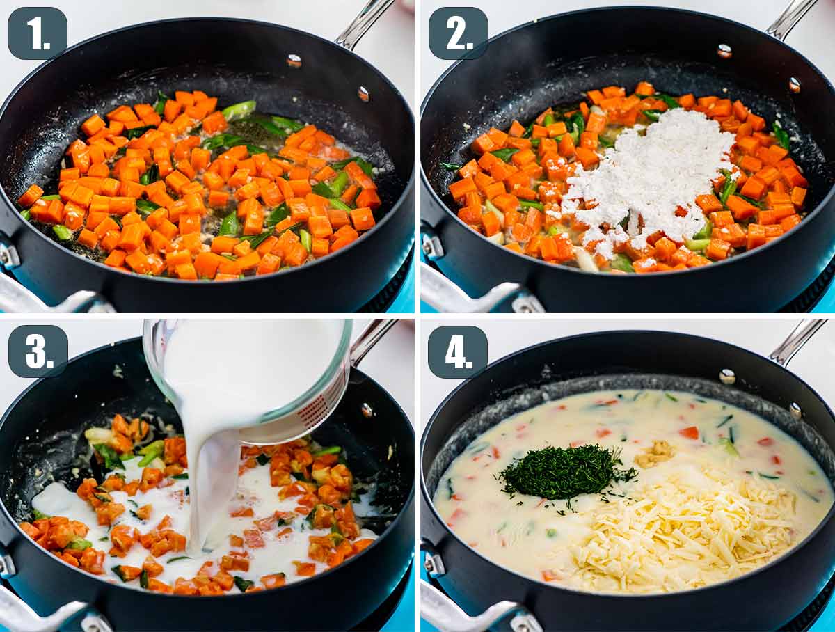 process shots showing how to make filling for fish pie.