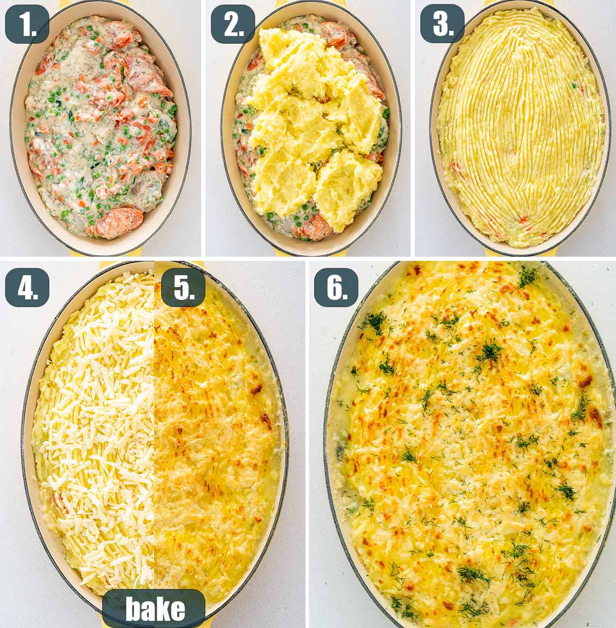process shots showing how to assemble fish pie and how to bake it.