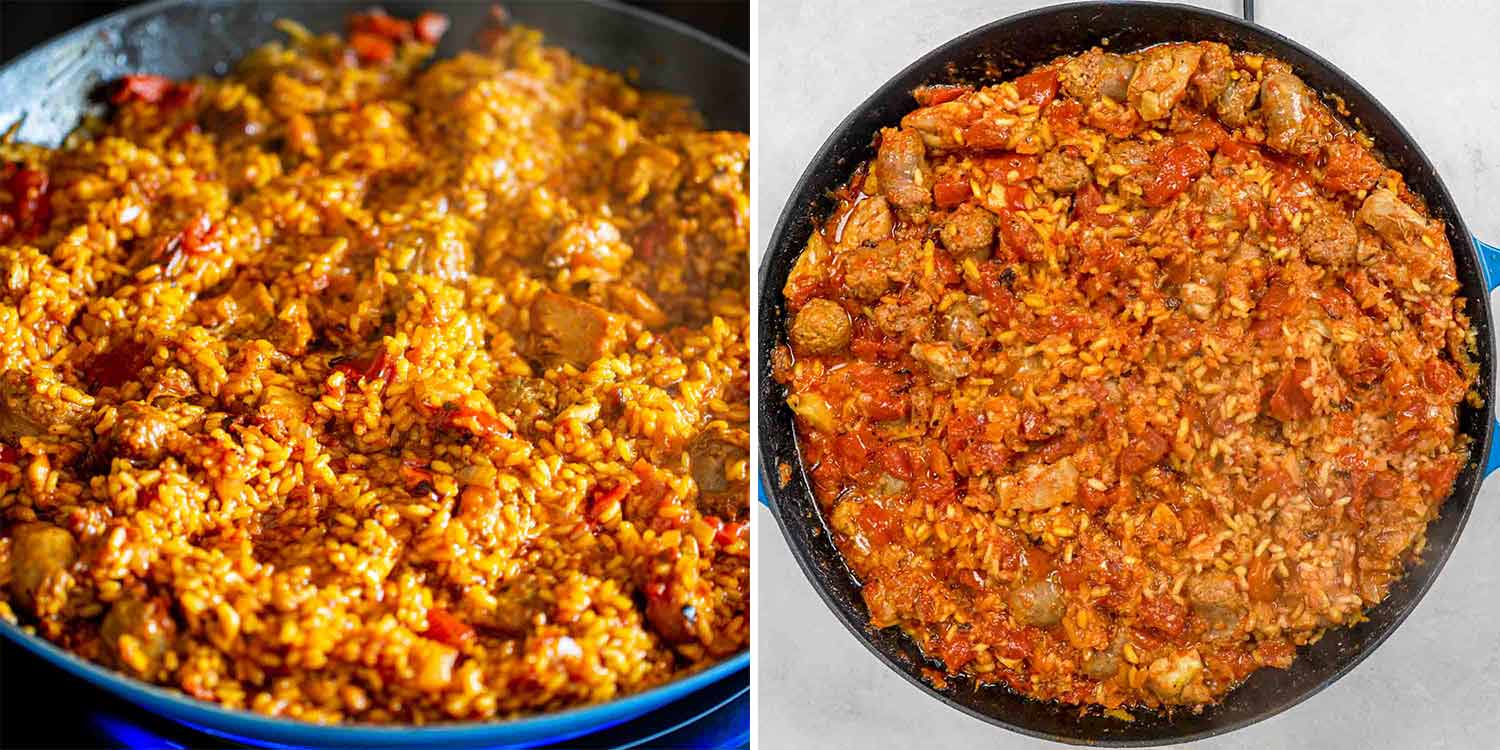 process shots showing how to make paella.