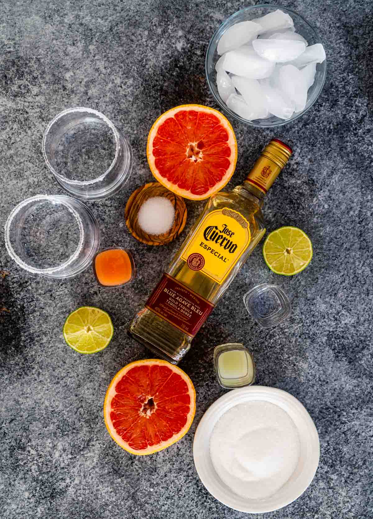 overhead shot of ingredients needed to make a paloma cocktail.