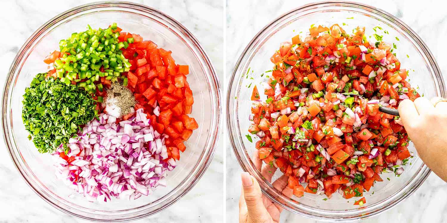 process shots showing how to make pico de gallo.