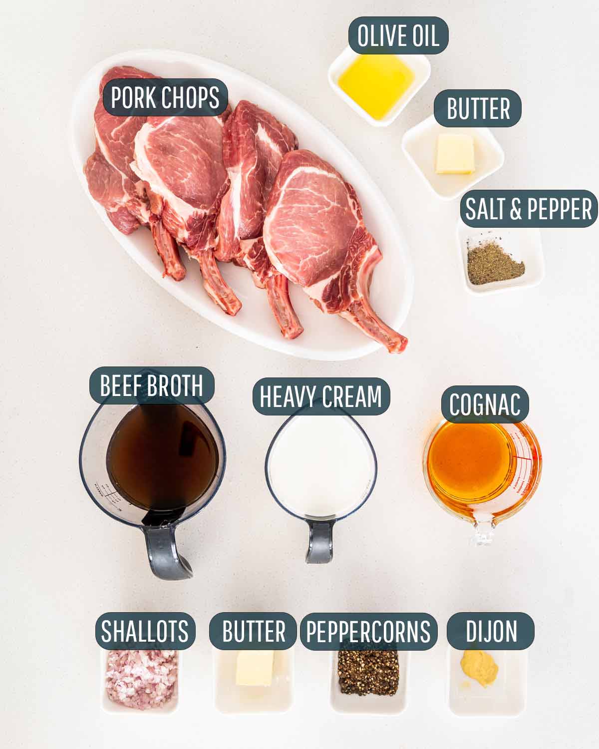 overhead shots of ingredients needed to make pork chops with peppercorn sauce.