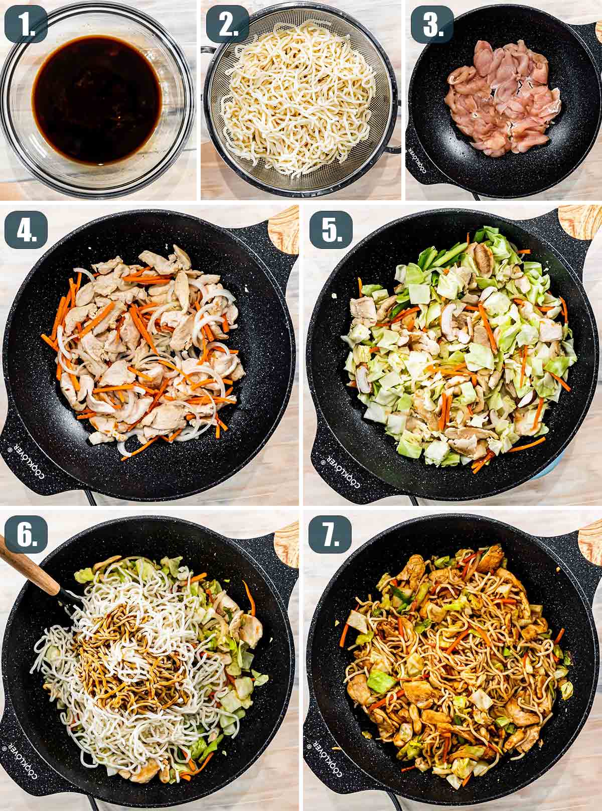 detailed process shots showing how to make yakisoba.