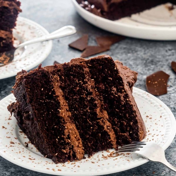 a big slice of a 3 layer chocolate cake on a white plate.