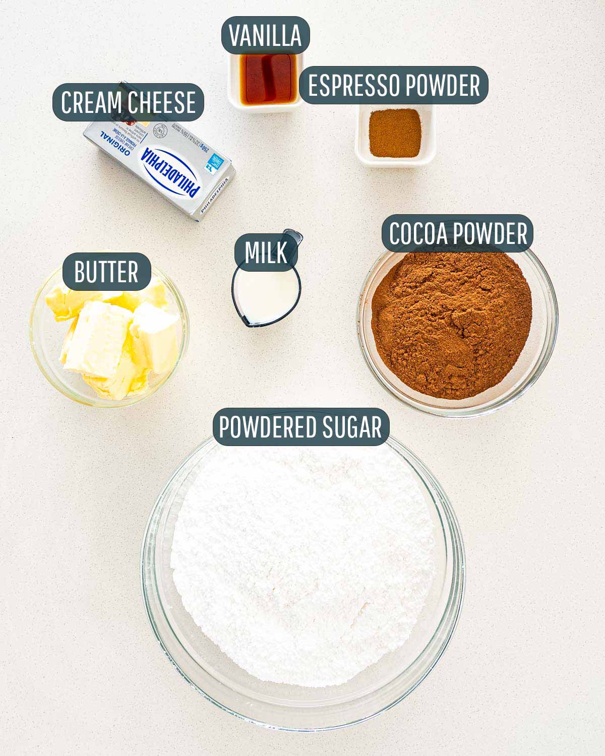 overhead shot of ingredients needed to make chocolate frosting.