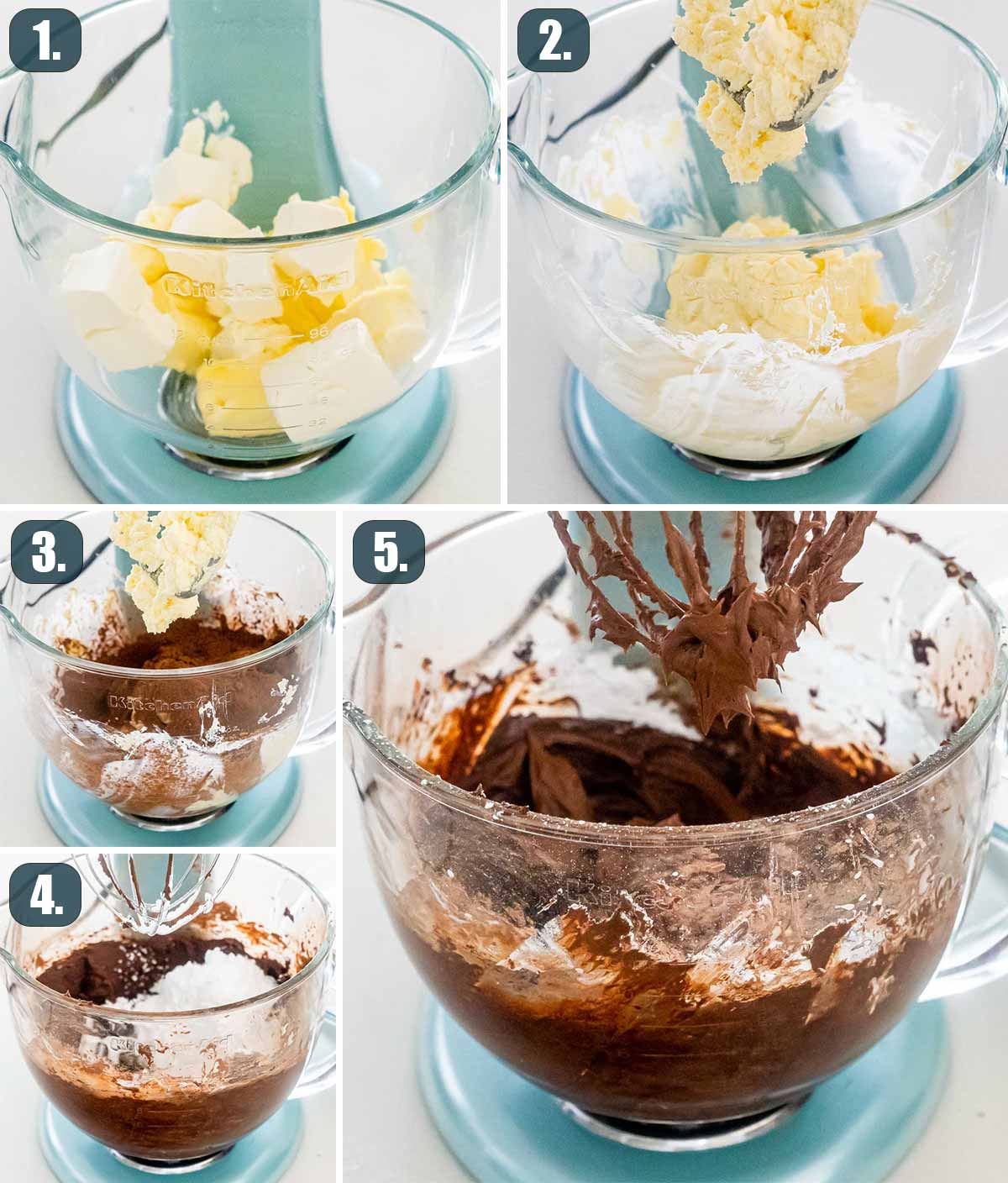 detailed process shots showing how to make chocolate frosting.
