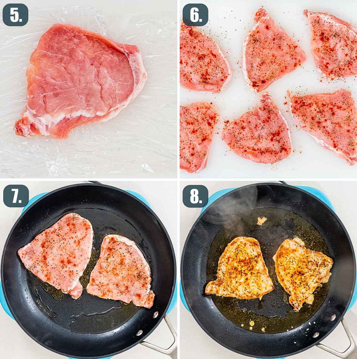 process shots showing how to prep pork chops to make jagerschnitzel.