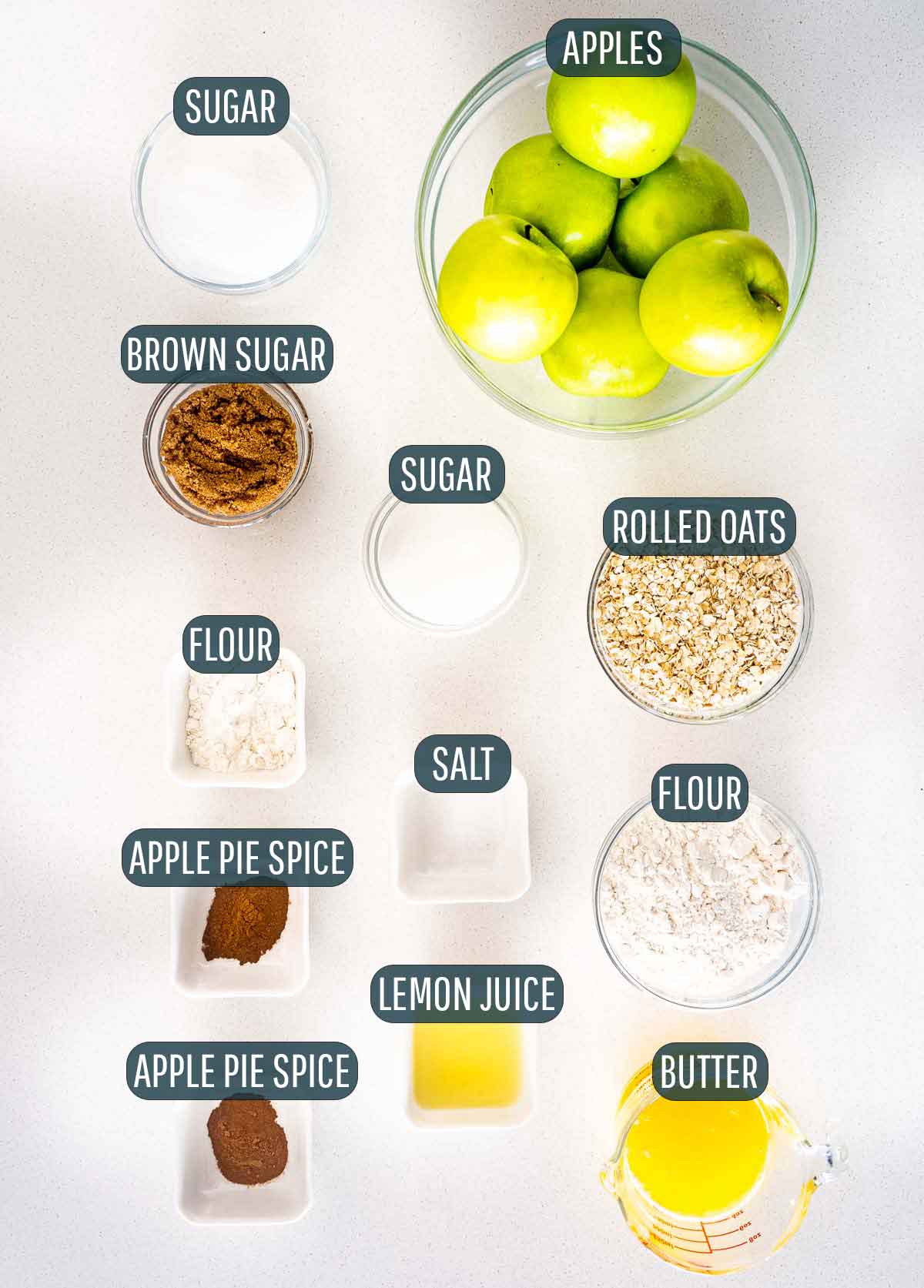 overhead shot ingredients needed to make apple crumble.