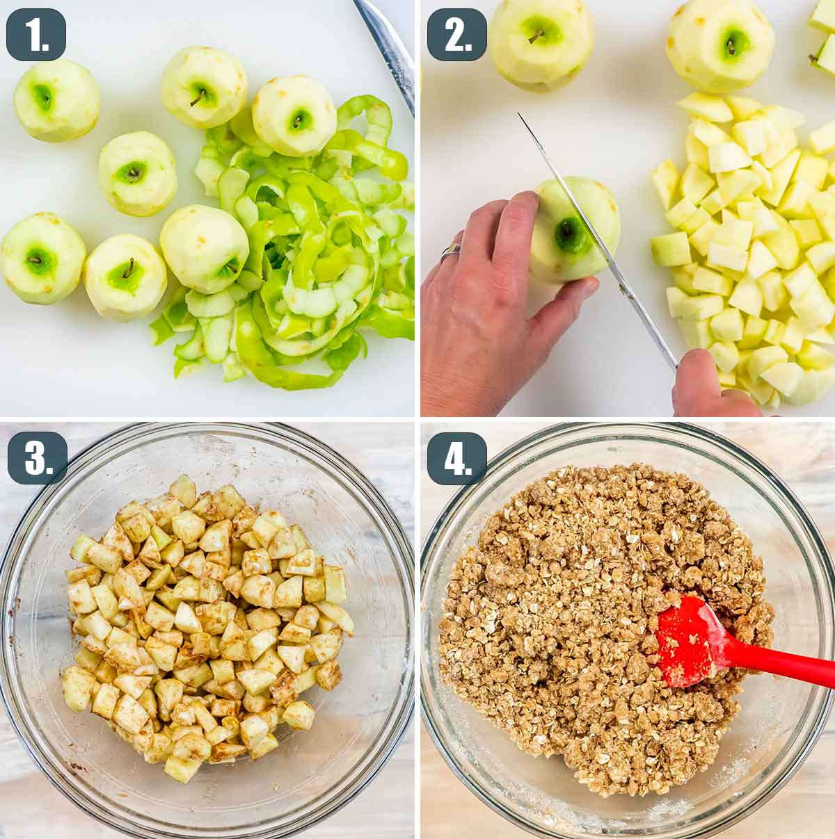detailed process shots showing how to make apple crumble.