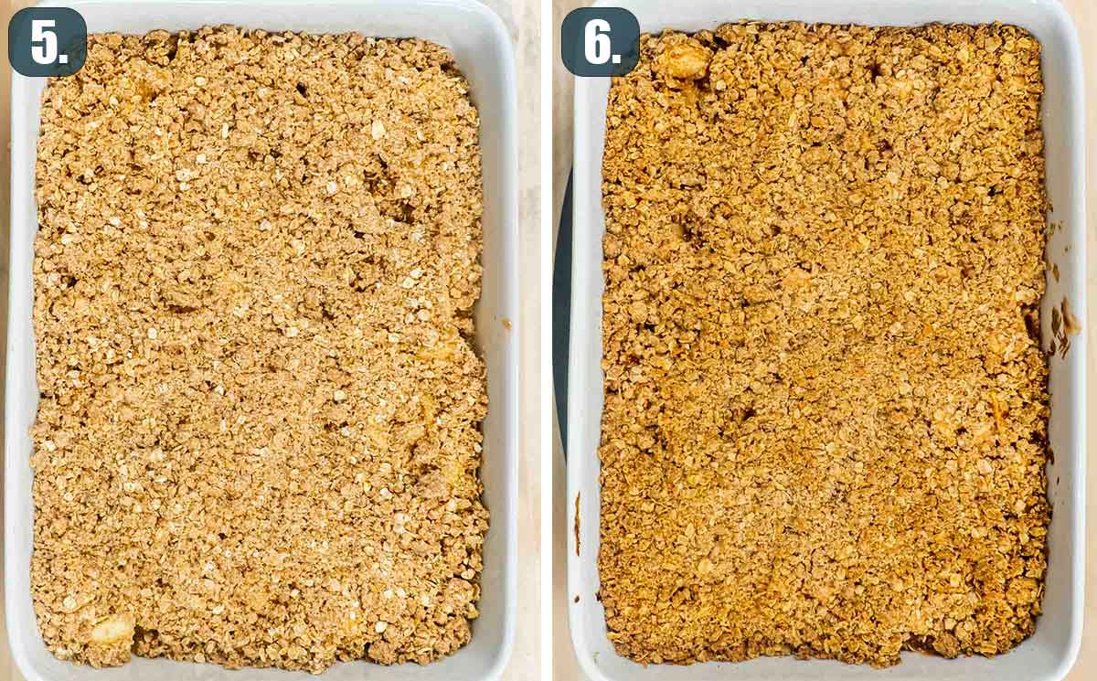 before and after of baking an apple crumble.