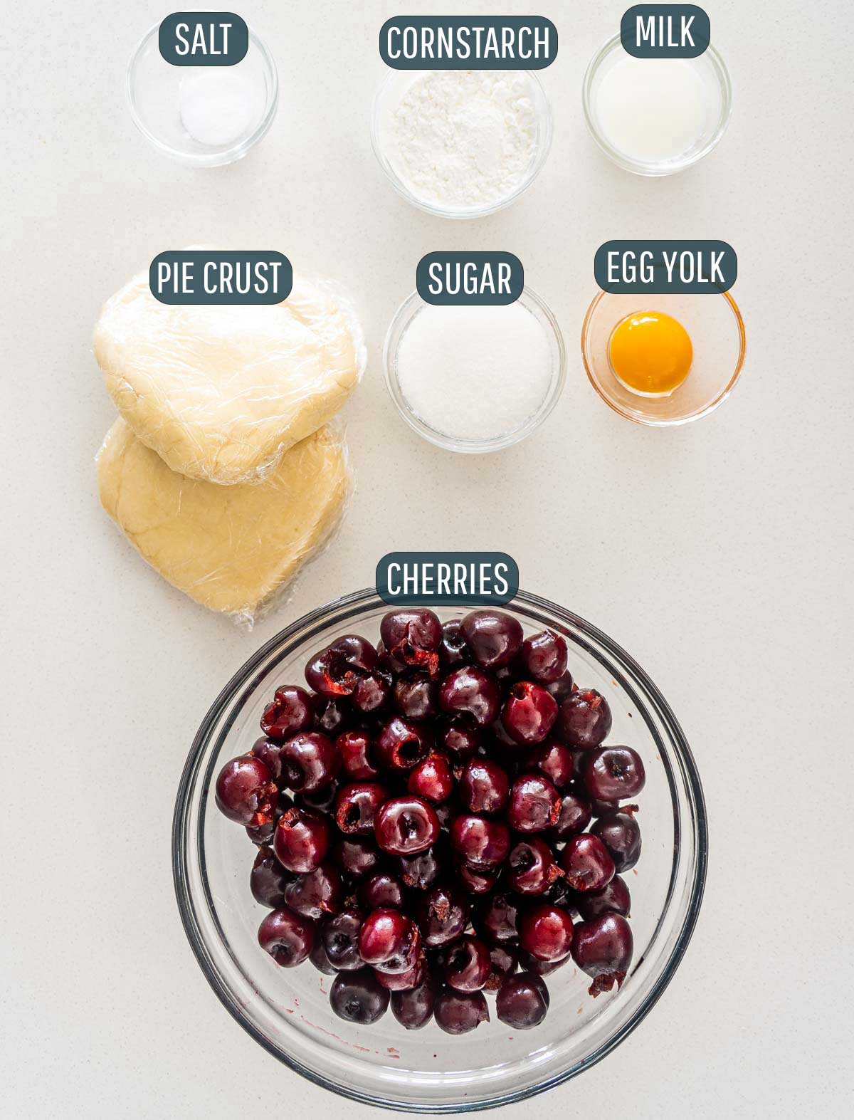 overhead shot of all ingredients needed to make a cherry pie.