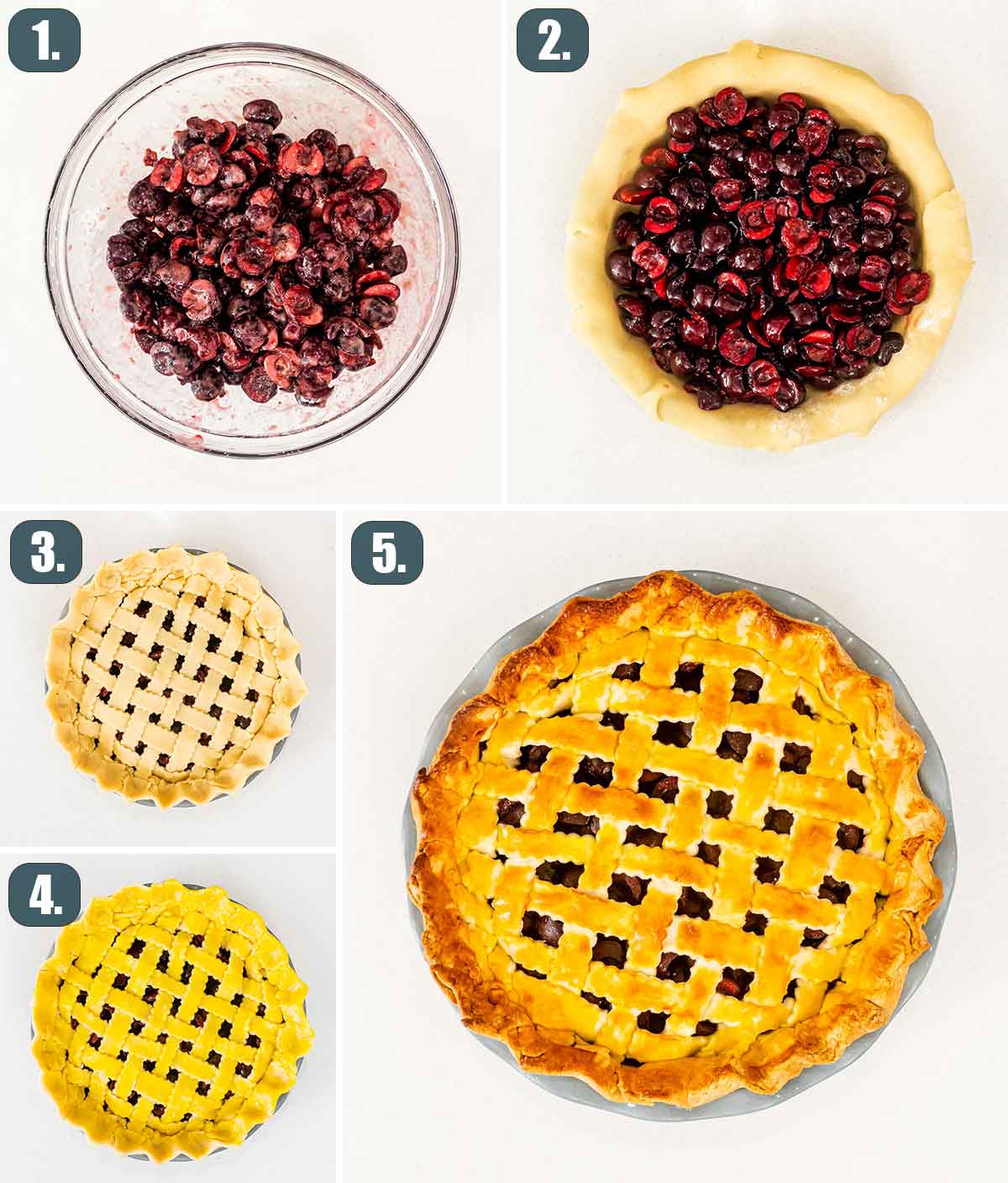 detailed process shots showing how to make cherry pie.