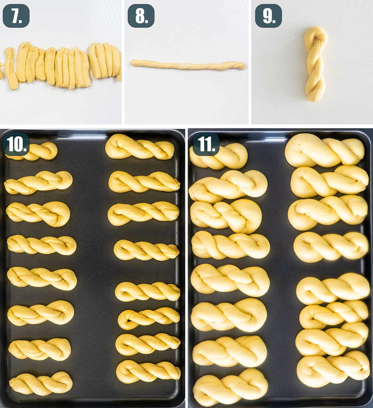 process shots showing how to form divide and form dough into twists.