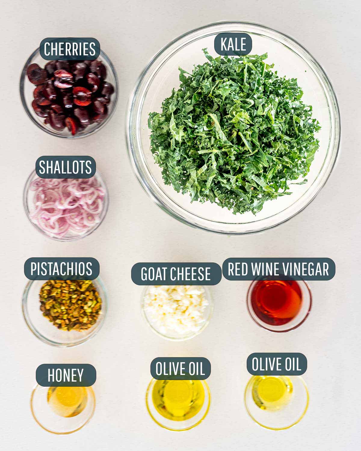 overhead shot of ingredients needed to make kale cherry salad.