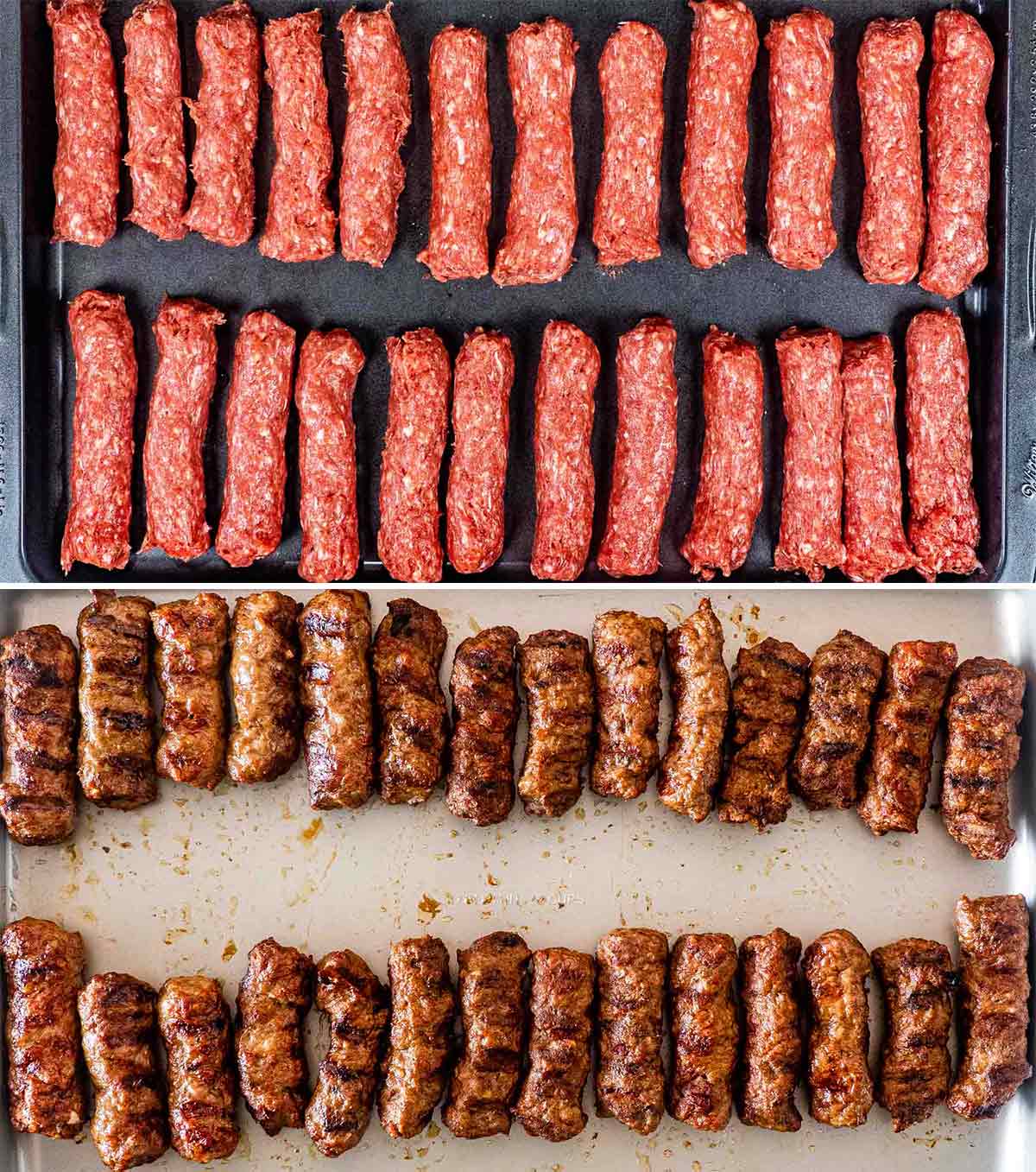 two side by side pictures showing mititei before grilling and after.