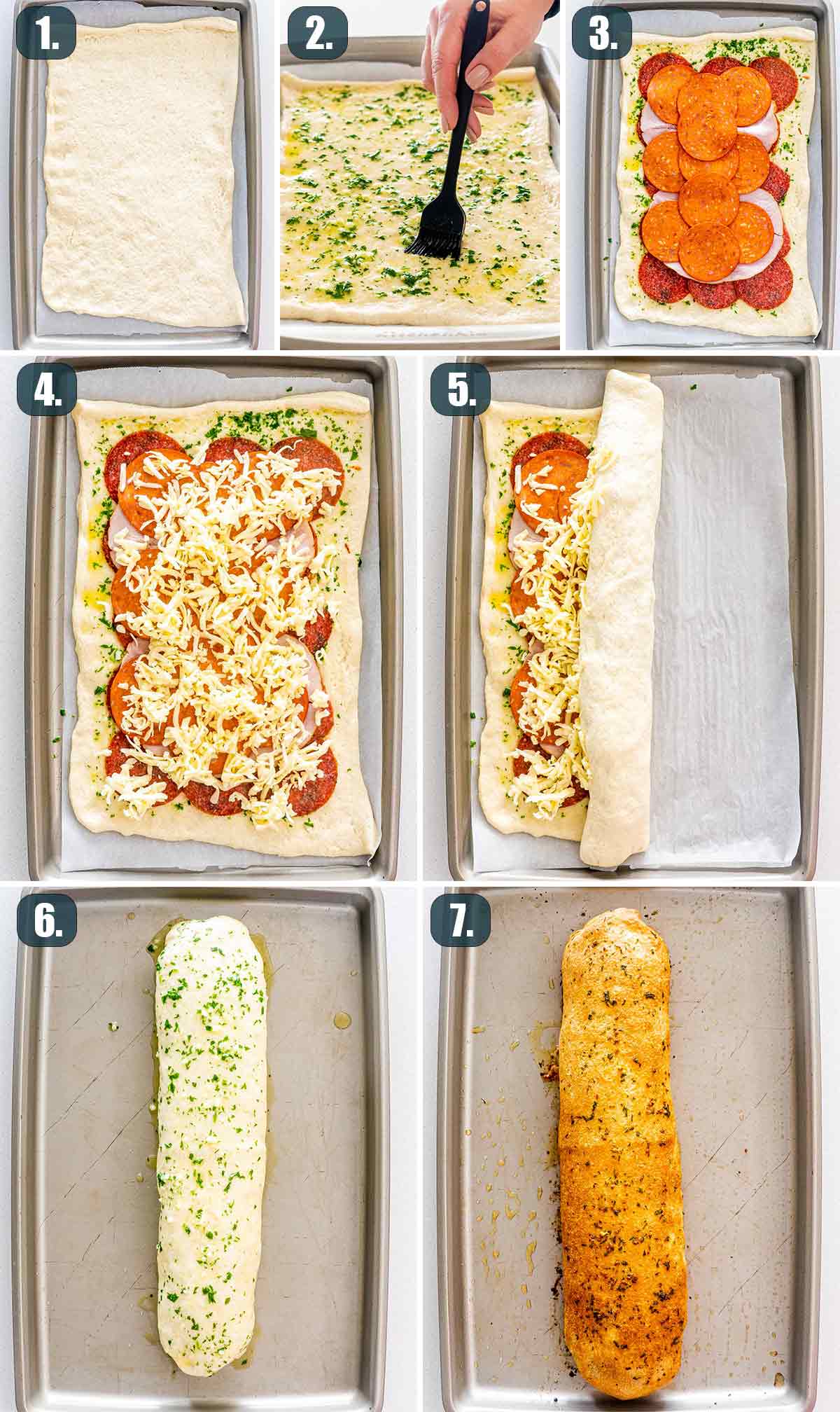 detailed process shots showing how to make stromboli.