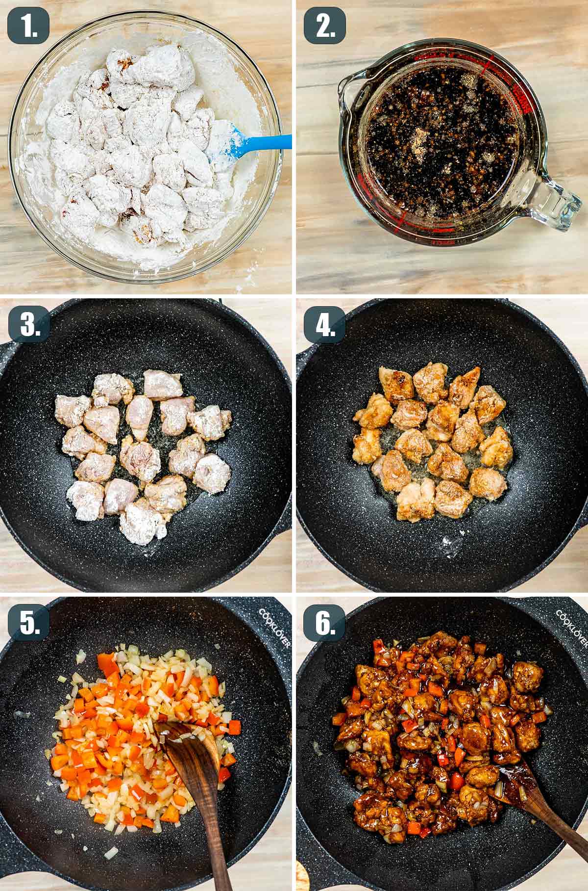 detailed process shots showing how to make black pepper chicken.