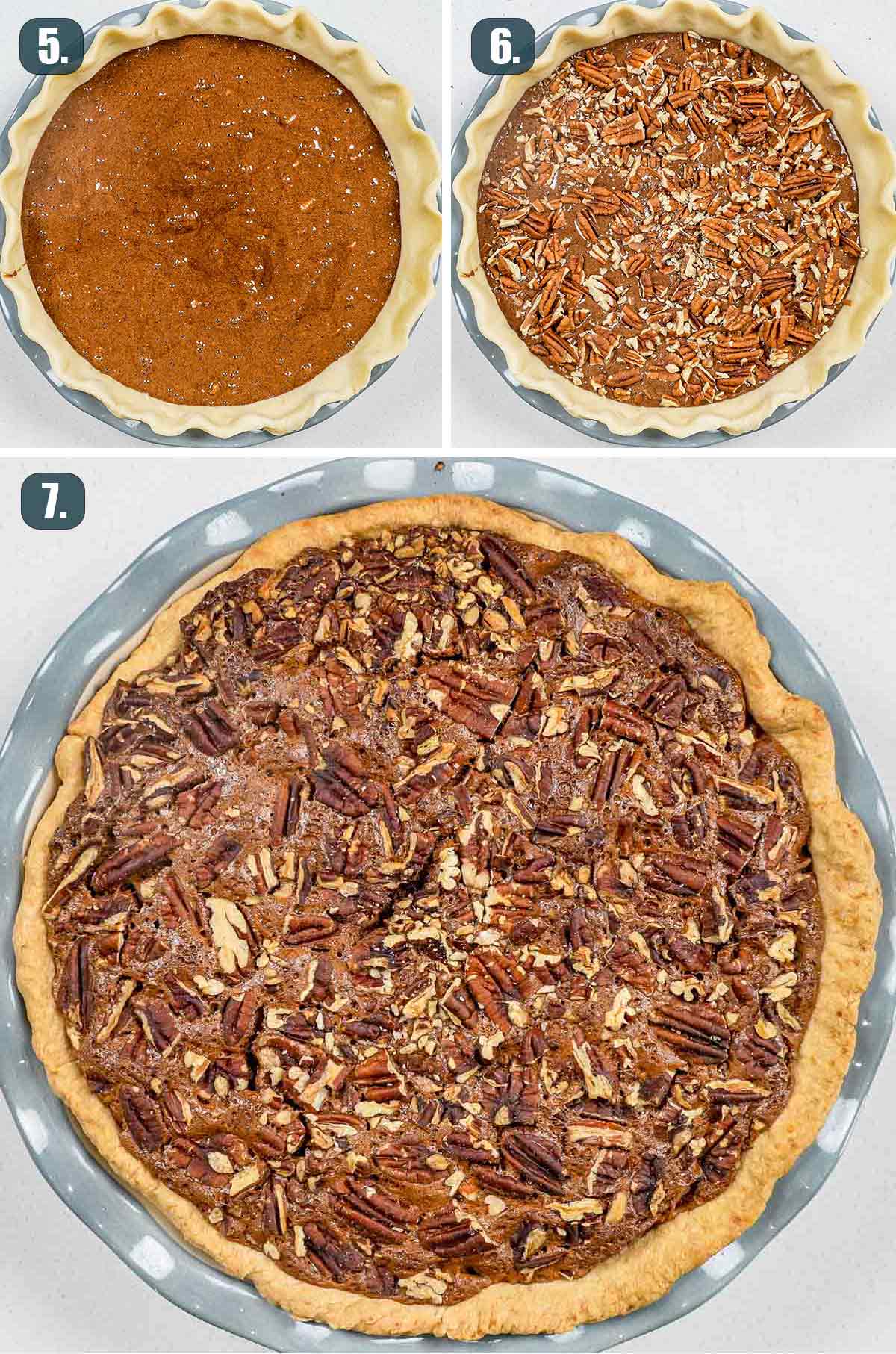 process shots showing how to bake chocolate pecan pie.