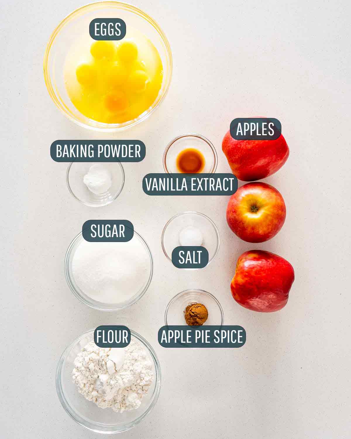 overhead shot of ingredients needed to make easy apple cake.