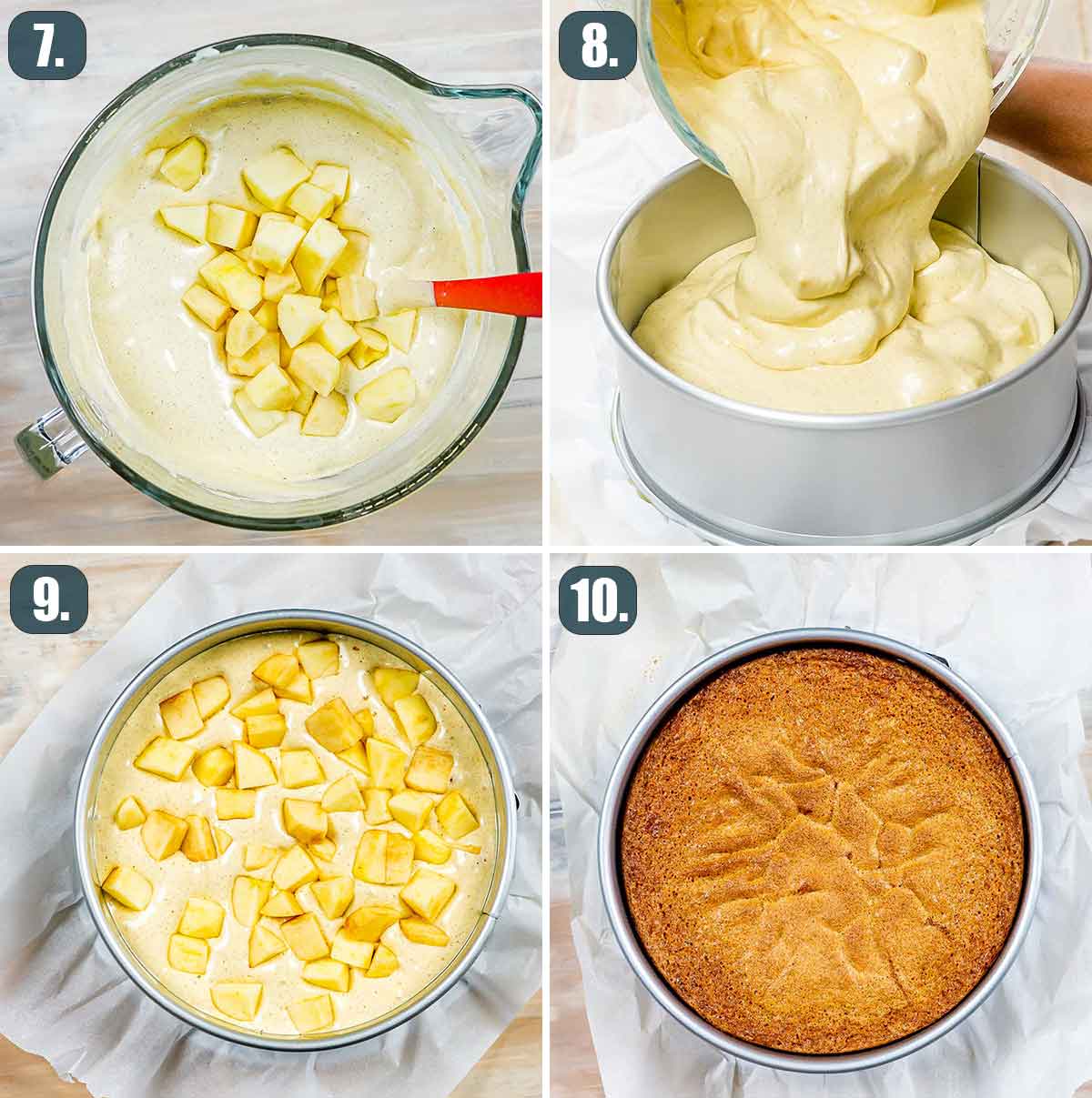detailed process shots showing how to prep the batter for apple cake.