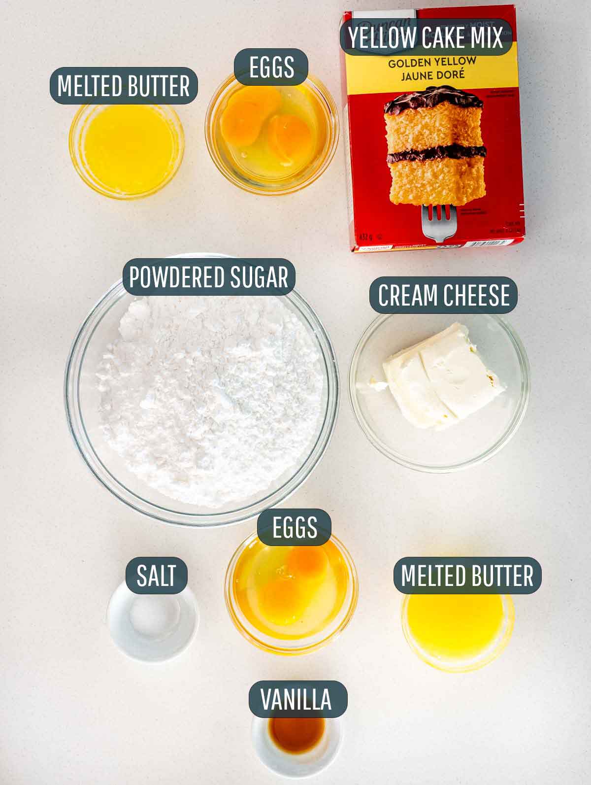 overhead shot of ingredients needed to make gooey butter cake.