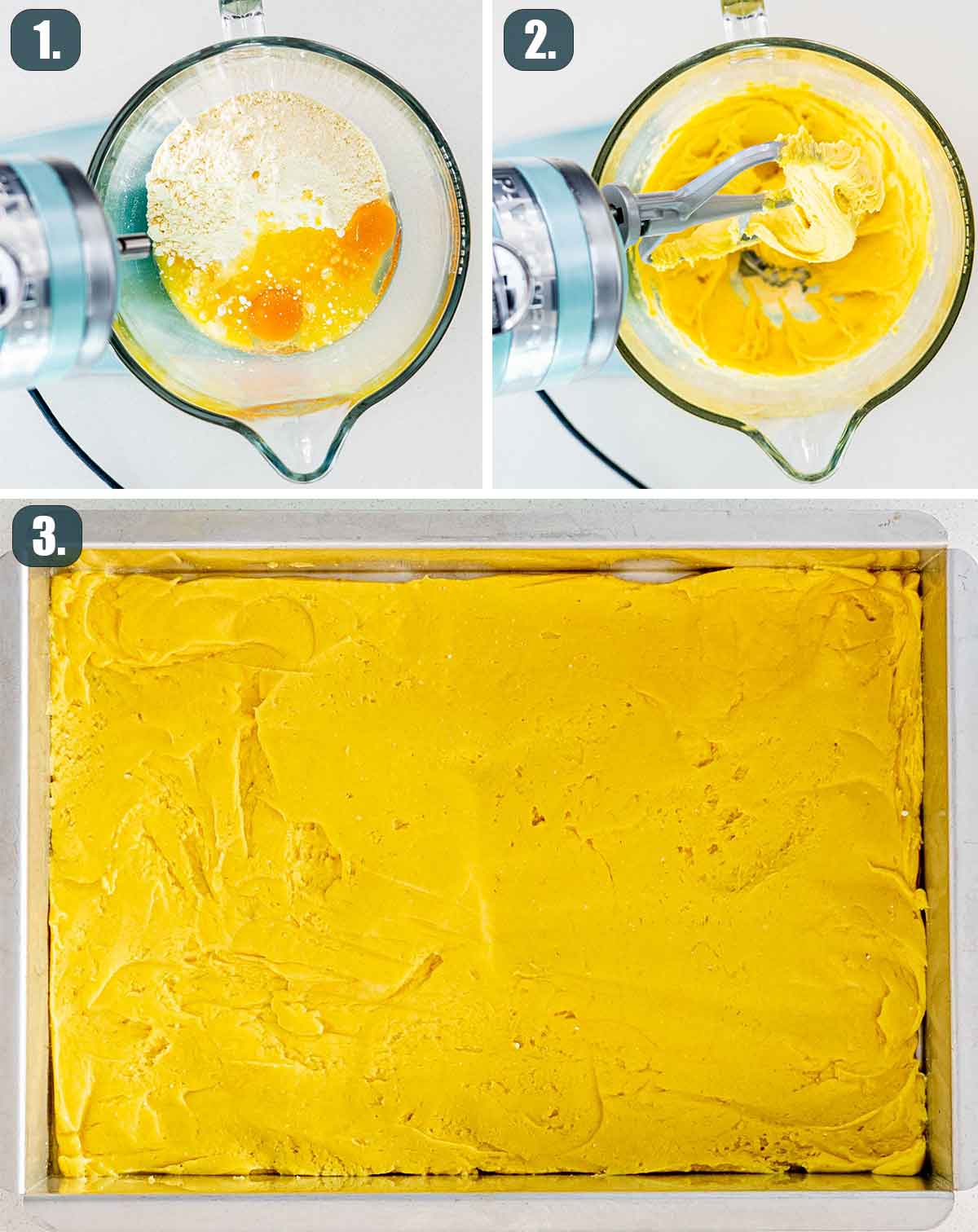 process shots showing how to make cake layer for gooey butter cake.