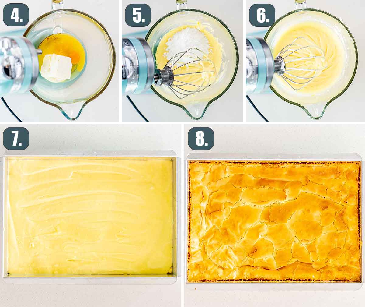 process shots showing how to make cheesecake layer and how to bake gooey butter cake.