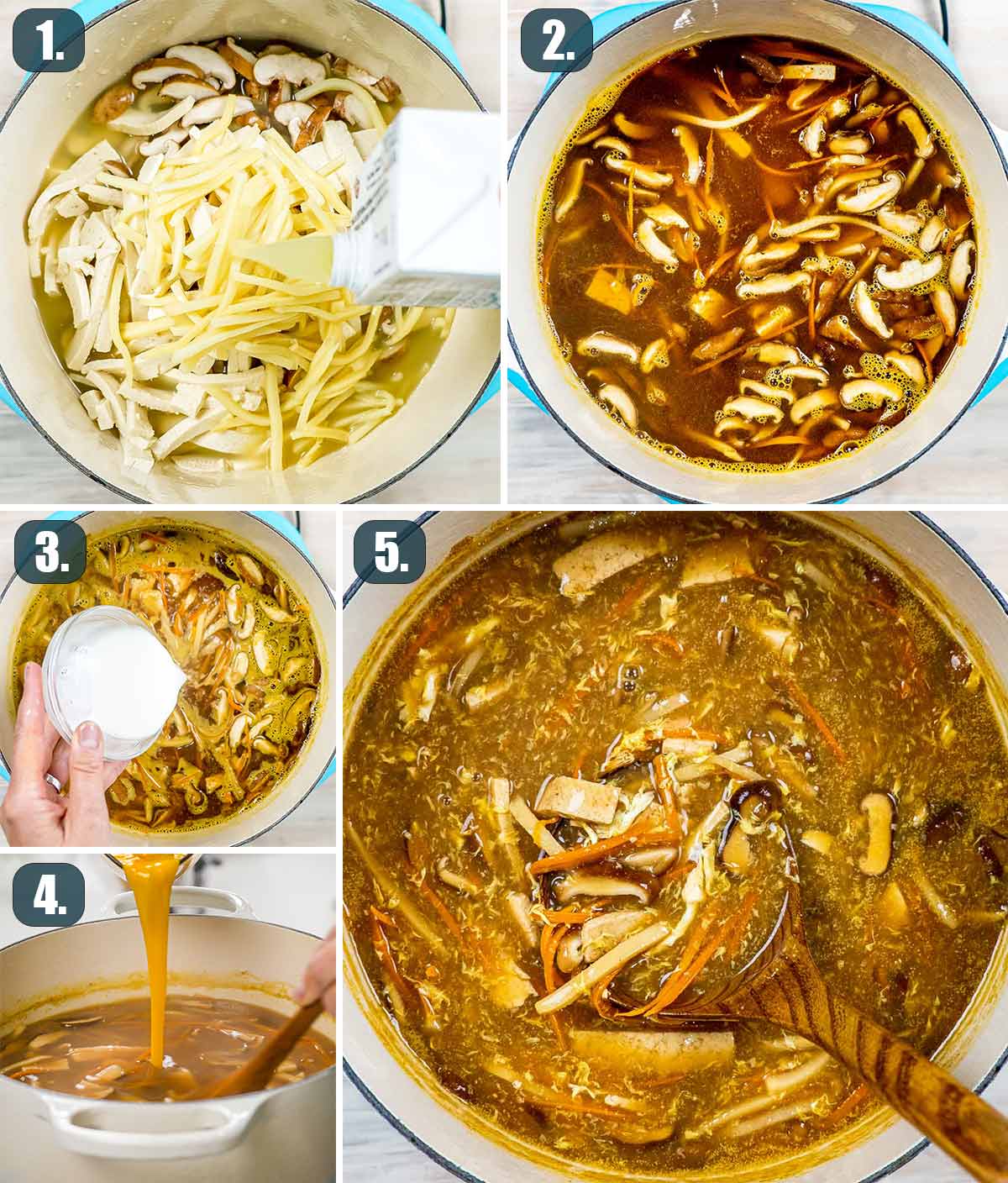 detailed process shots showing how to make hot and sour soup.