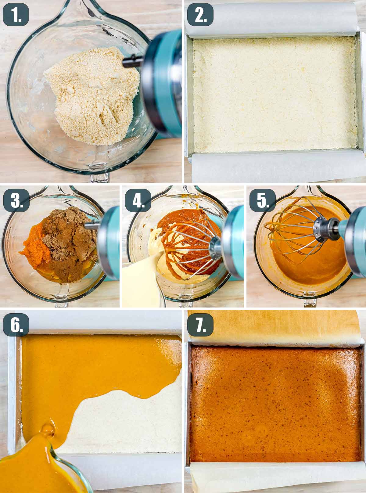 detailed process shots showing how to make pumpkin pie bars.