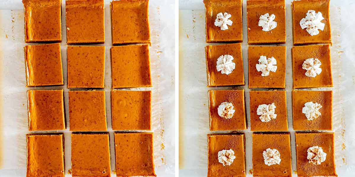 pumpkin pie bars topped with whipped cream.