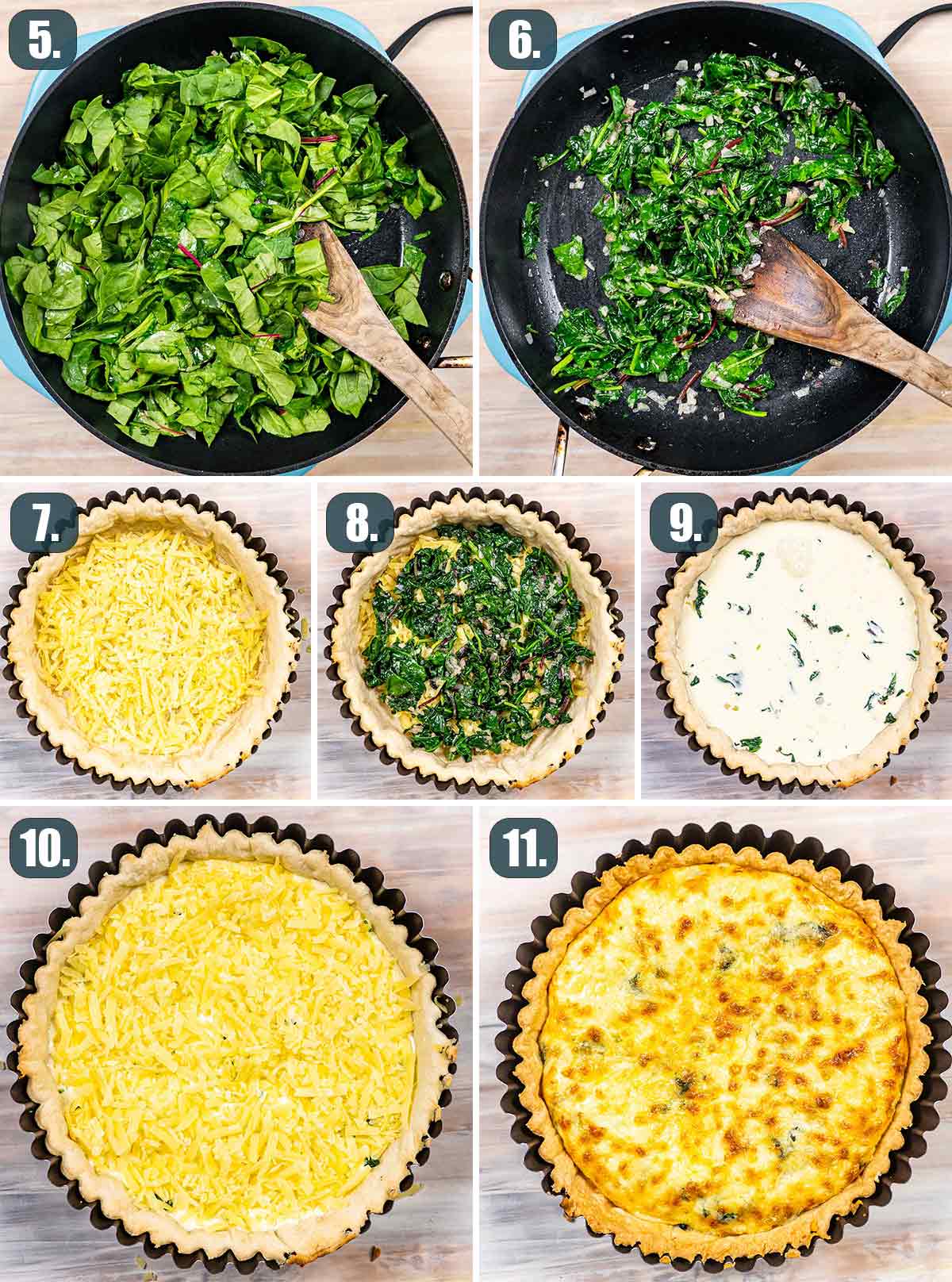 process shots showing how to assemble and bake quiche florentine.