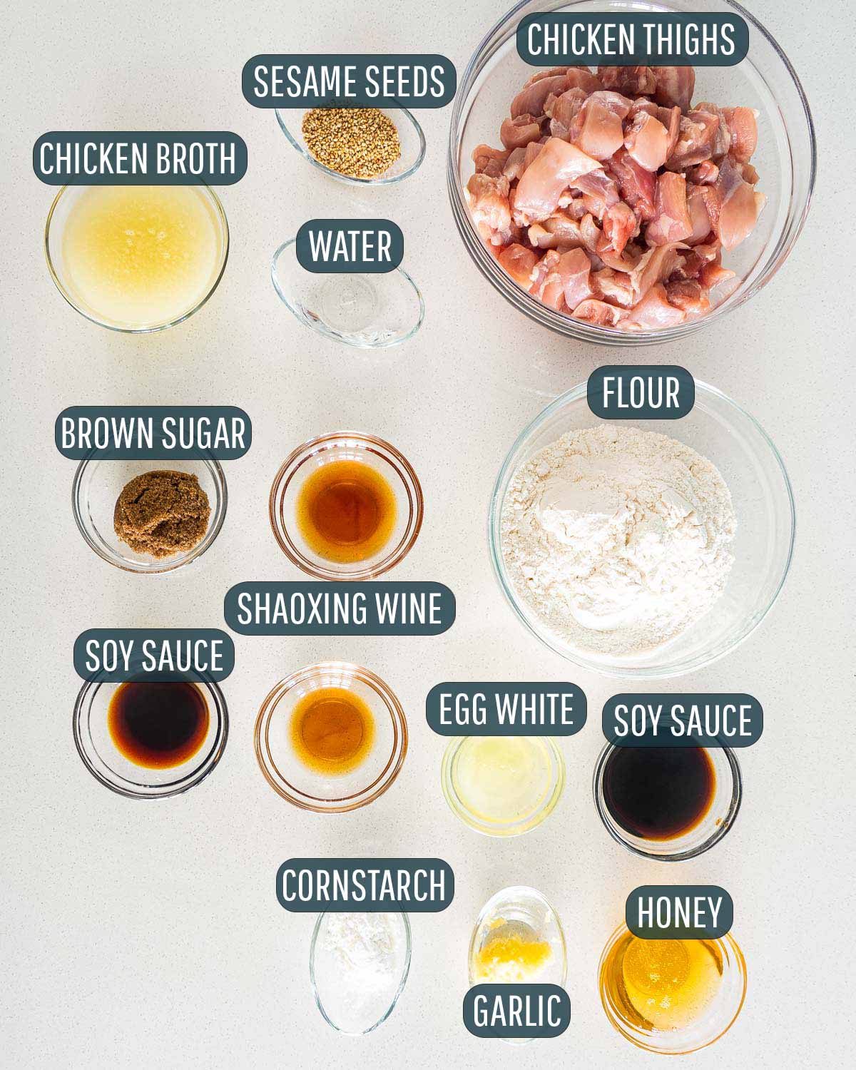 overhead shot of all ingredients needed to make chinese honey chicken.