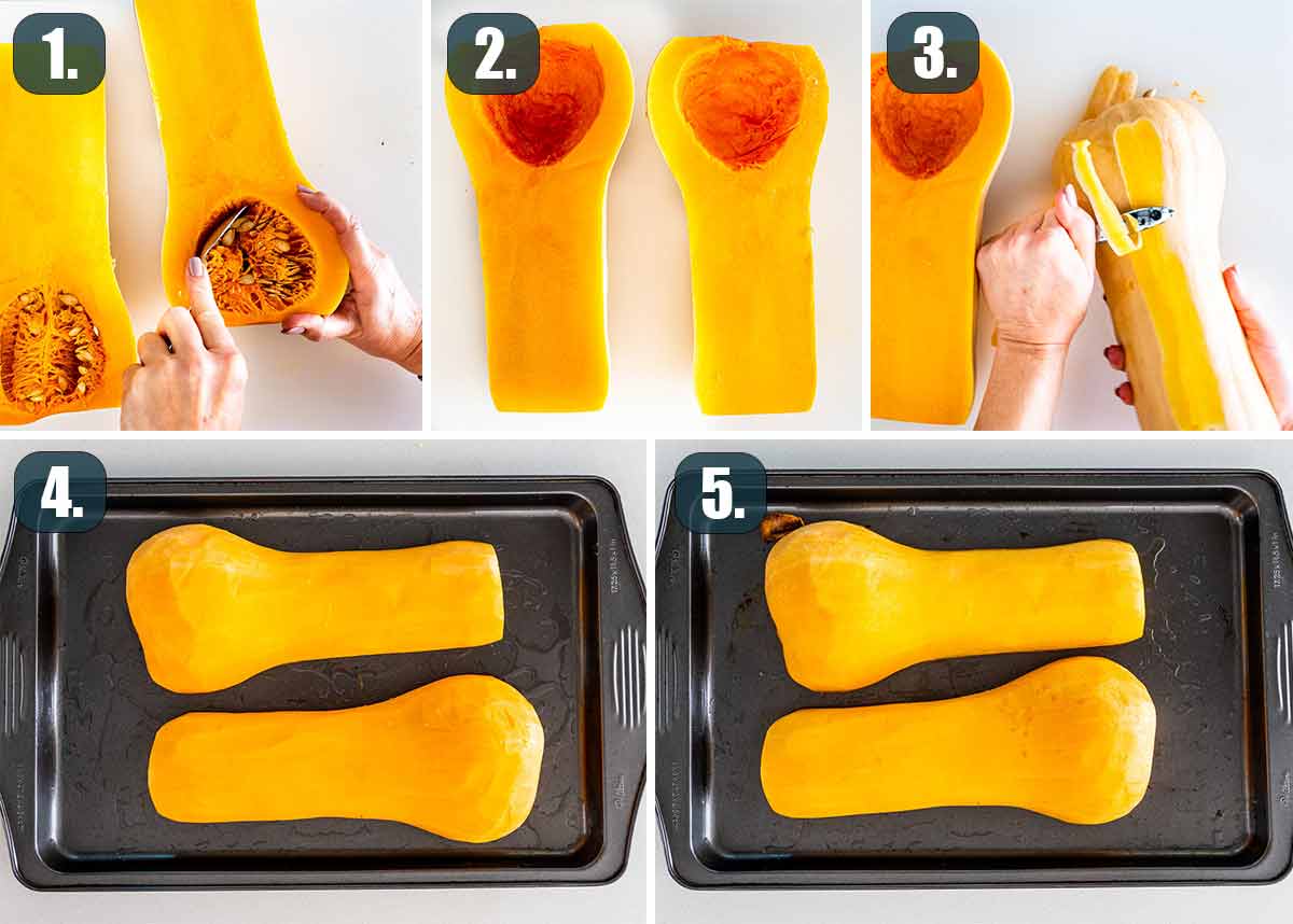 process shots showing how to prep a butternut squash for roasting.