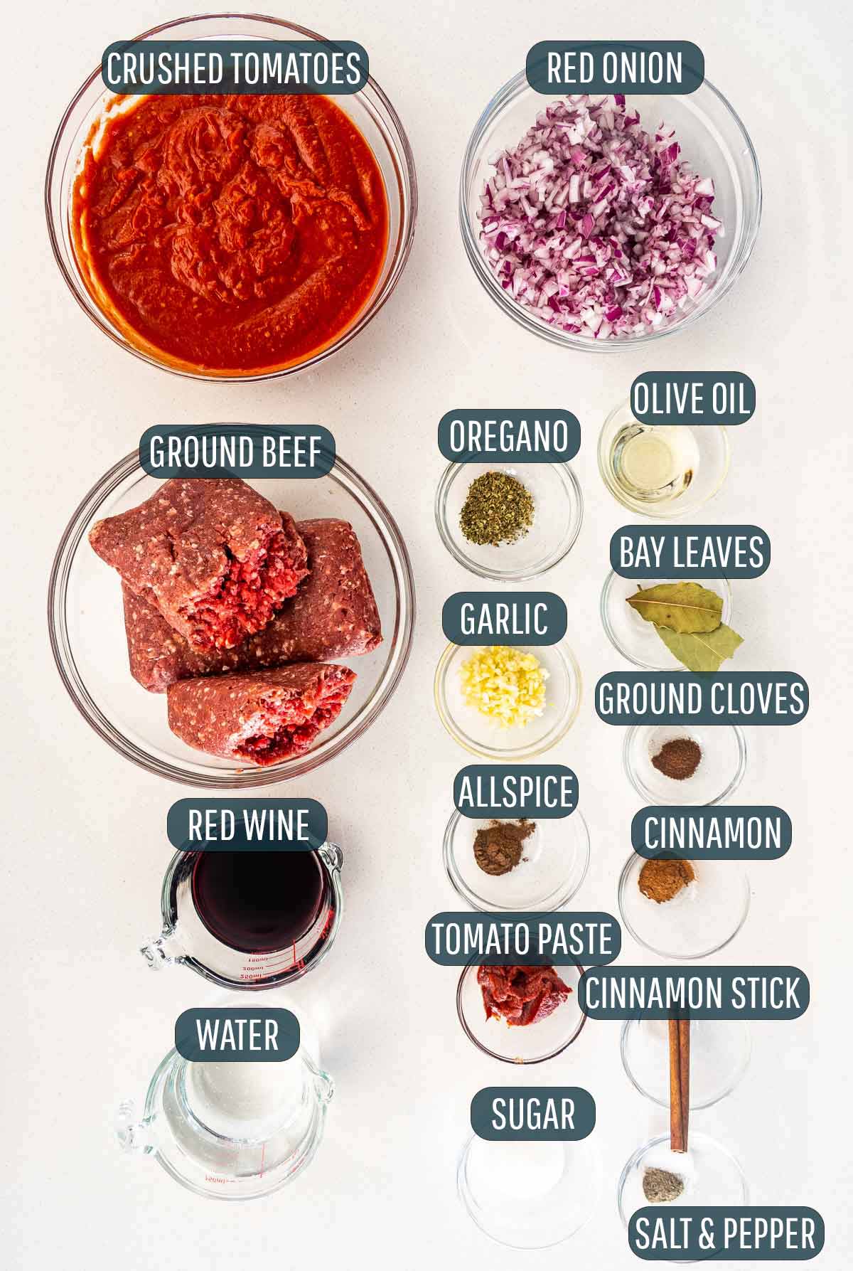 overhead shot of ingredients needed to make meat sauce for pastitsio.