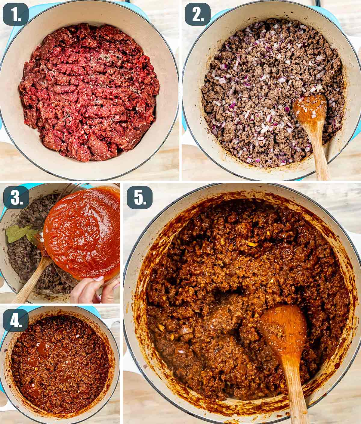 process shots showing how to make meat sauce for pastitsio.