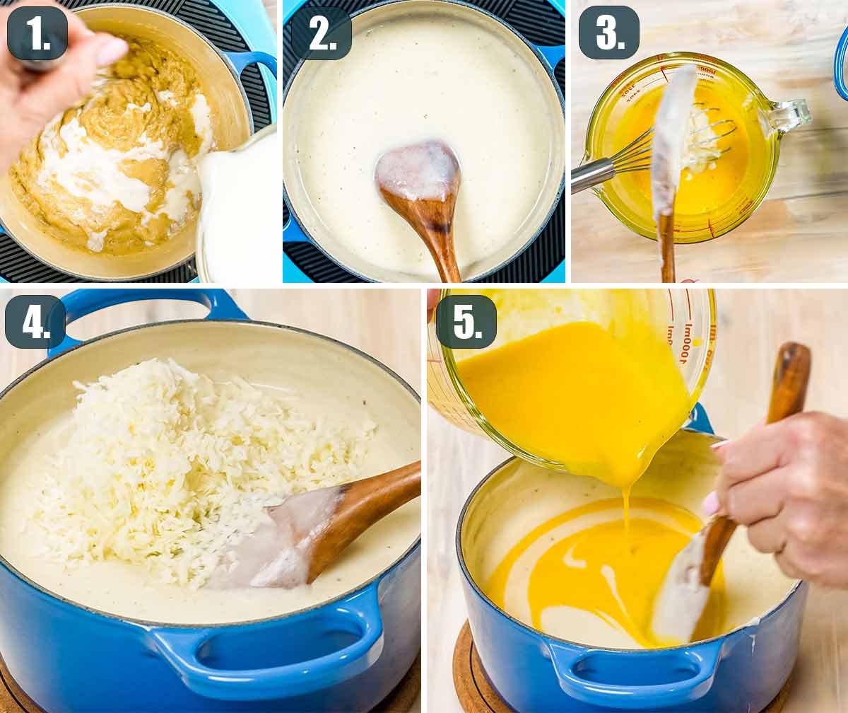 process shots showing how to make pastitsio bechamel sauce.