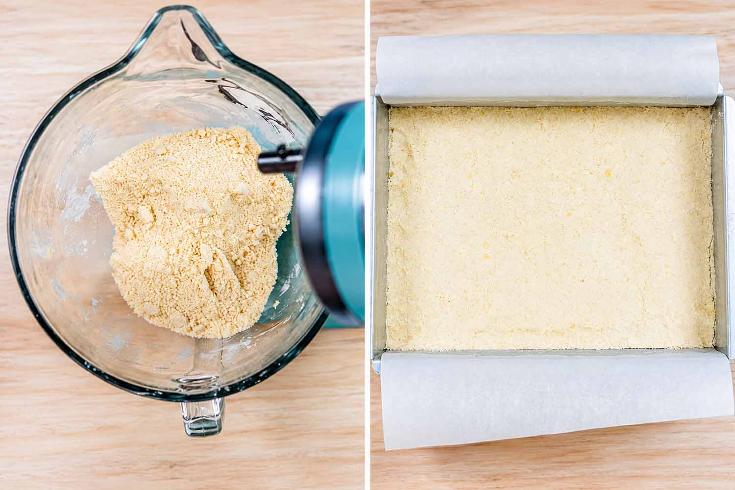 Two photos showing crumbly shortbread dough in a mixer bowl and the crust pressed into a parchment-lined baking pan.