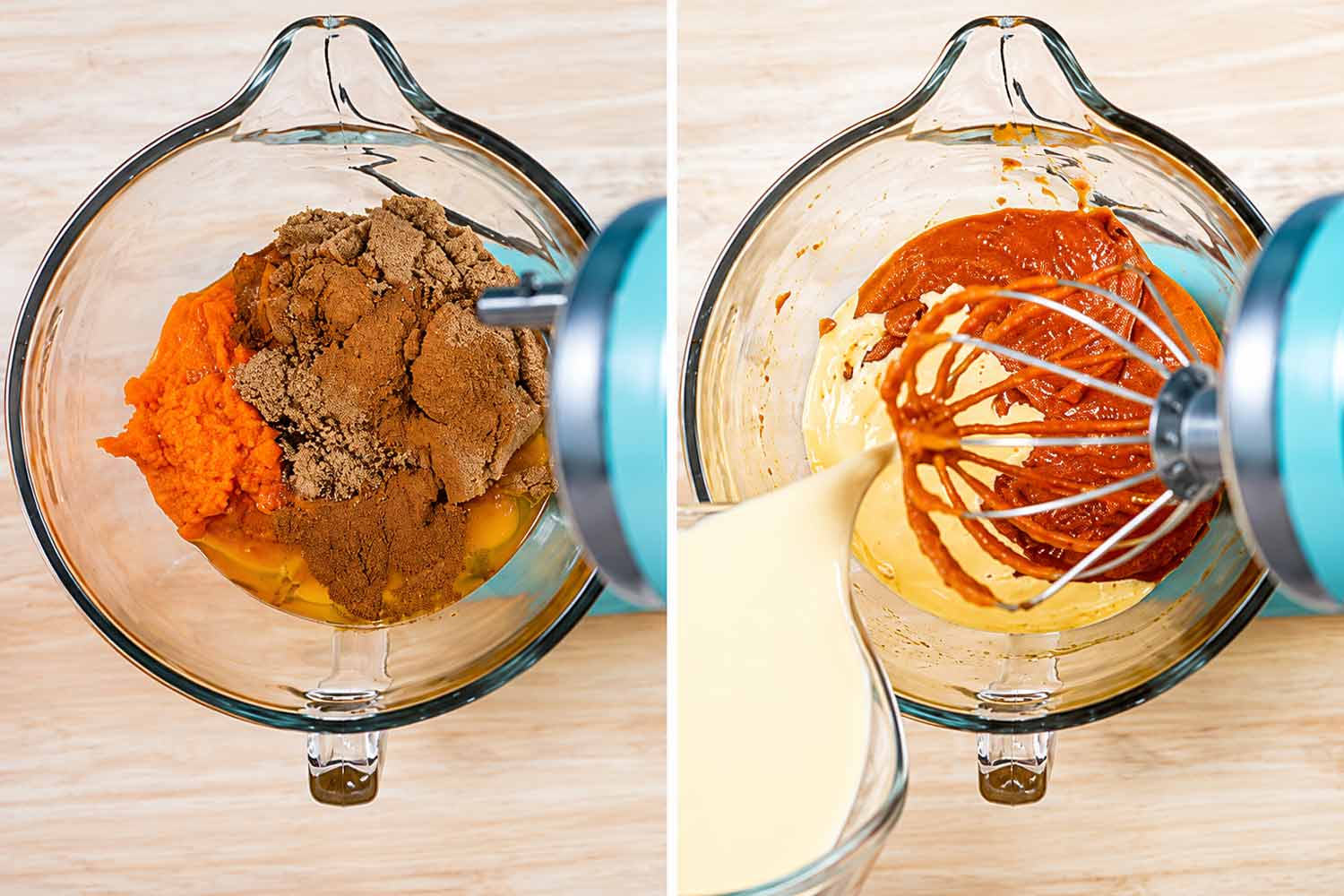 Pumpkin, brown sugar, eggs, and spices in a mixer bowl, followed by evaporated milk being added to the filling.