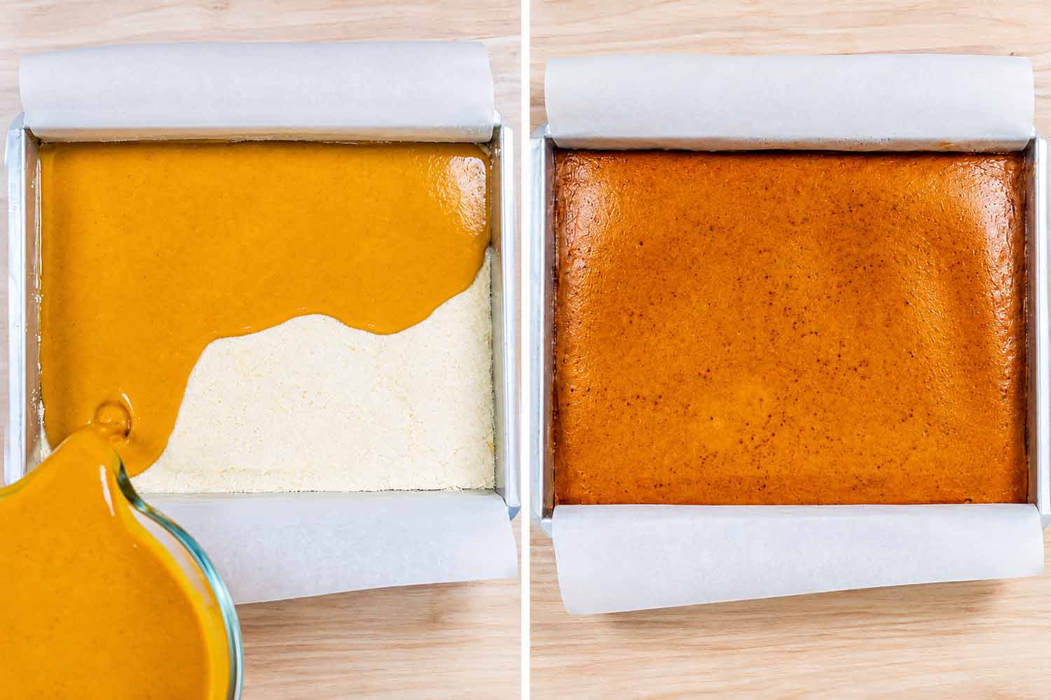 Pumpkin filling being poured over shortbread crust, alongside the baked pumpkin pie bars still in the parchment-lined pan.