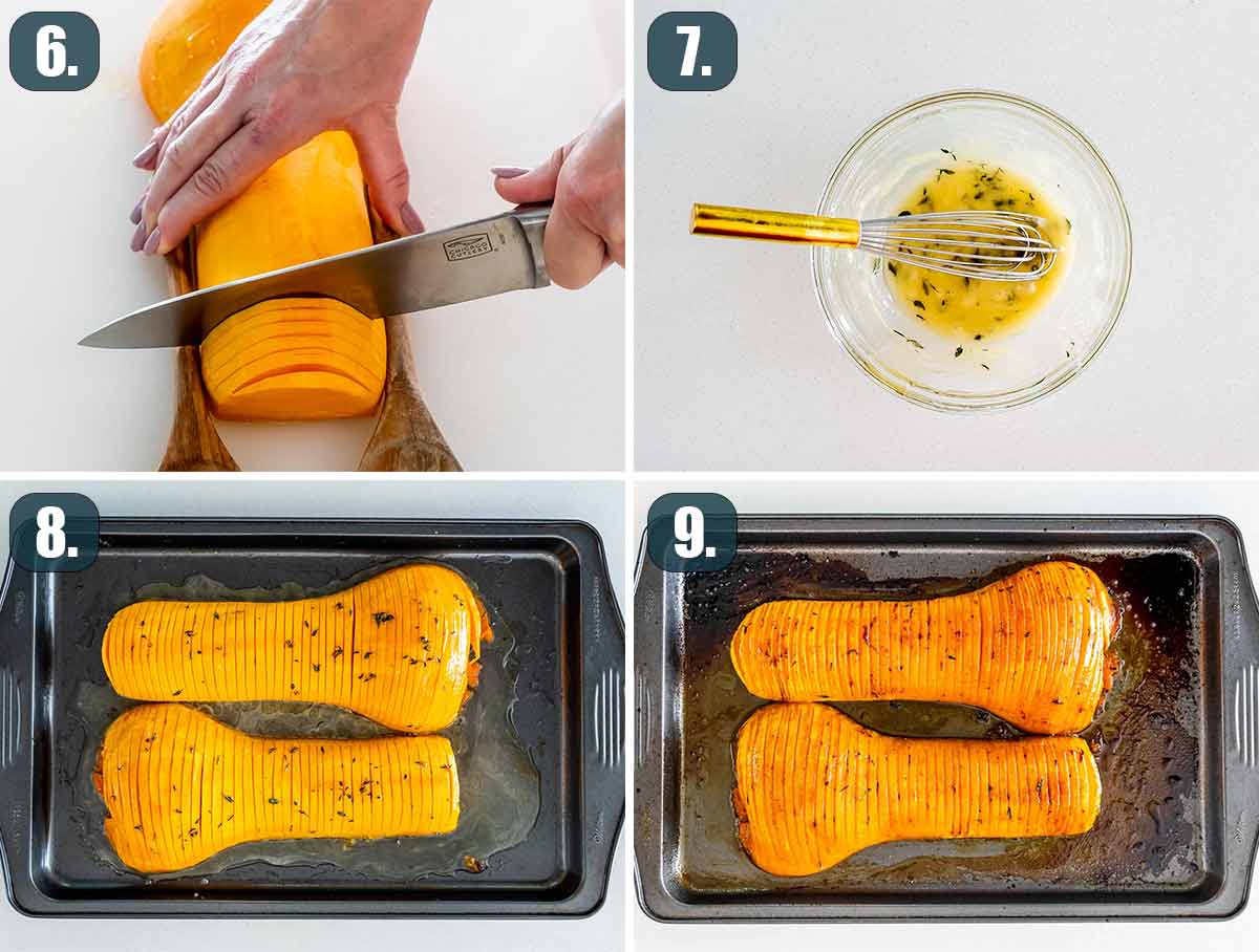 process shots showing how to slice butternut squash, baste it with honey sauce and roast it.