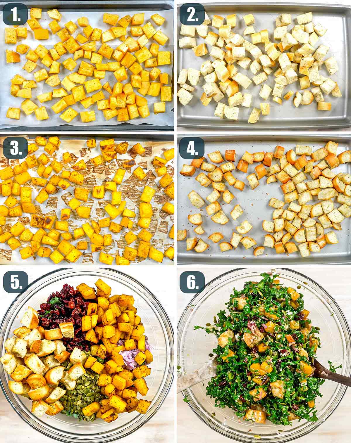 detailed process shots showing how to make roasted pumpkin panzanella salad.