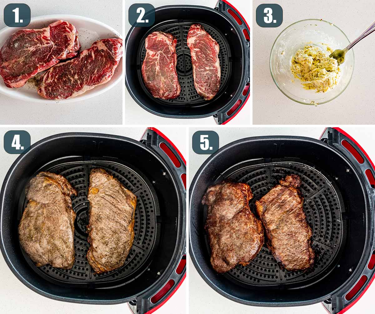 process shots showing how to make steaks in an air fryer.