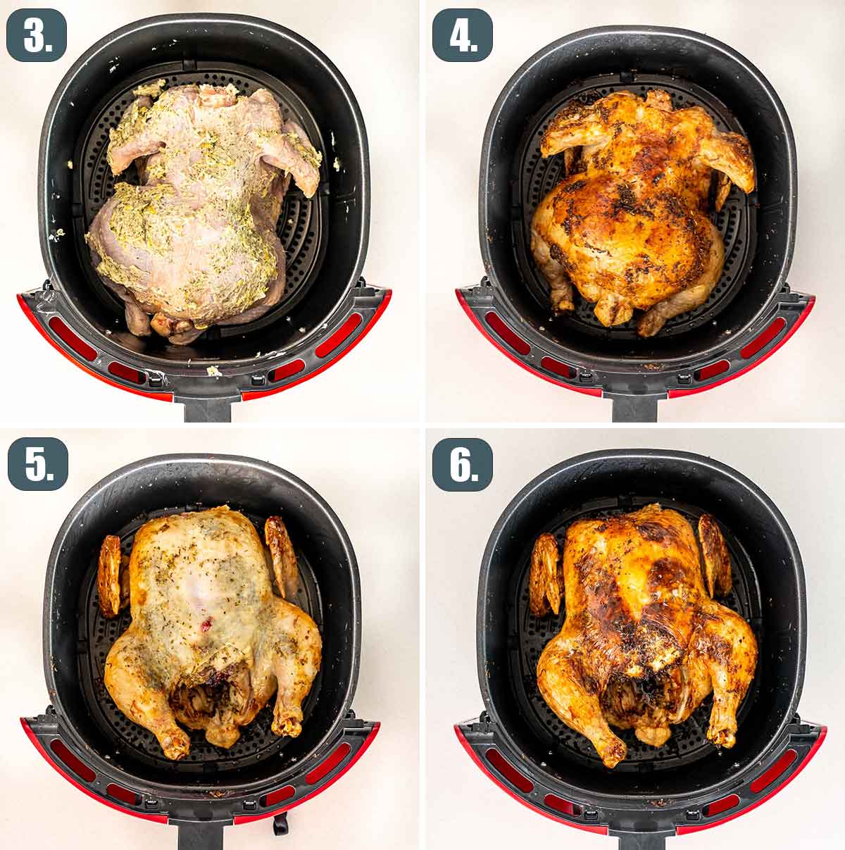 process shots showing how to roast a chicken in an air fryer.
