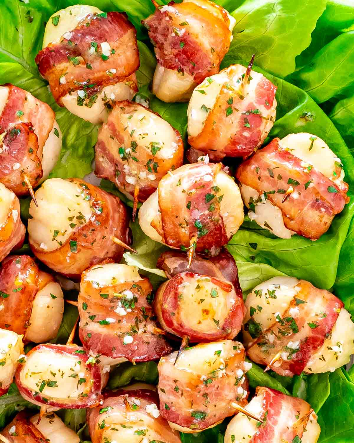 bacon wrapped scallops brushed with garlic butter on a bed of lettuce.