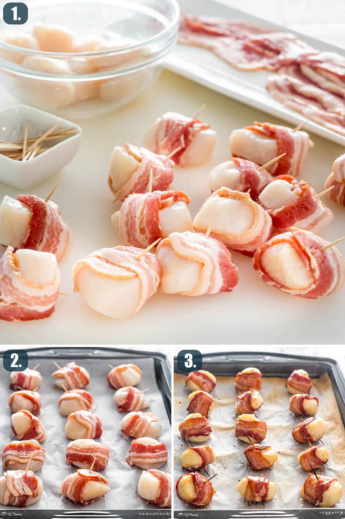 process shots showing how to make bacon wrapped scallops.